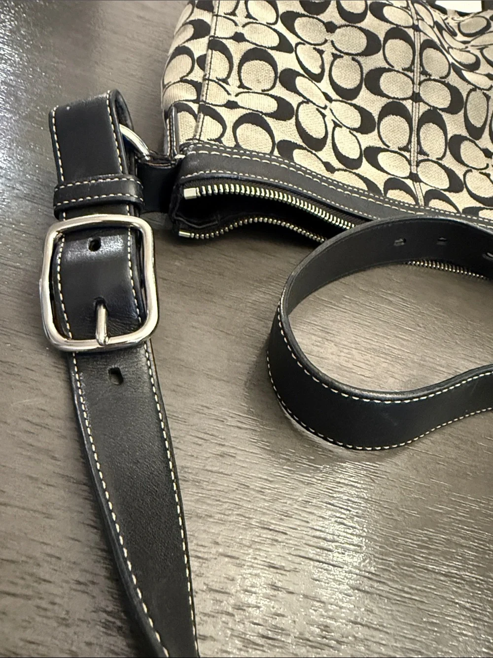 Coach Signature Jacquard Monogram Leather Trim Shoulder Bag Black Gray Medium